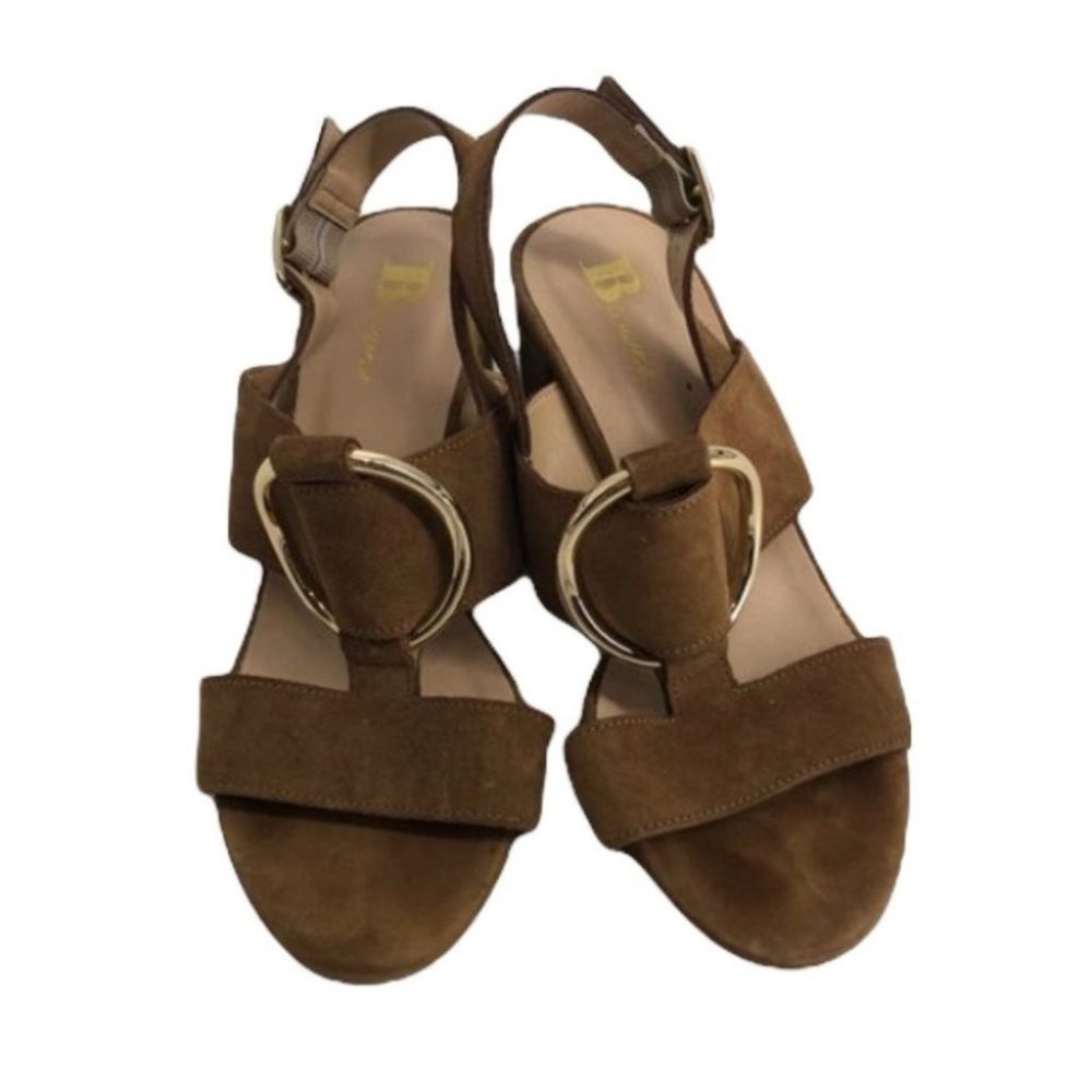 Browns tan metal gold ring sandals block heel size 6